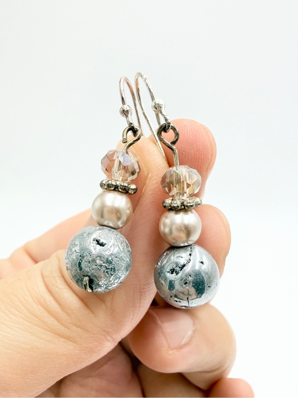 Vintage Silver Tone Metal Bead & Faux Pearl Dangle Earrings